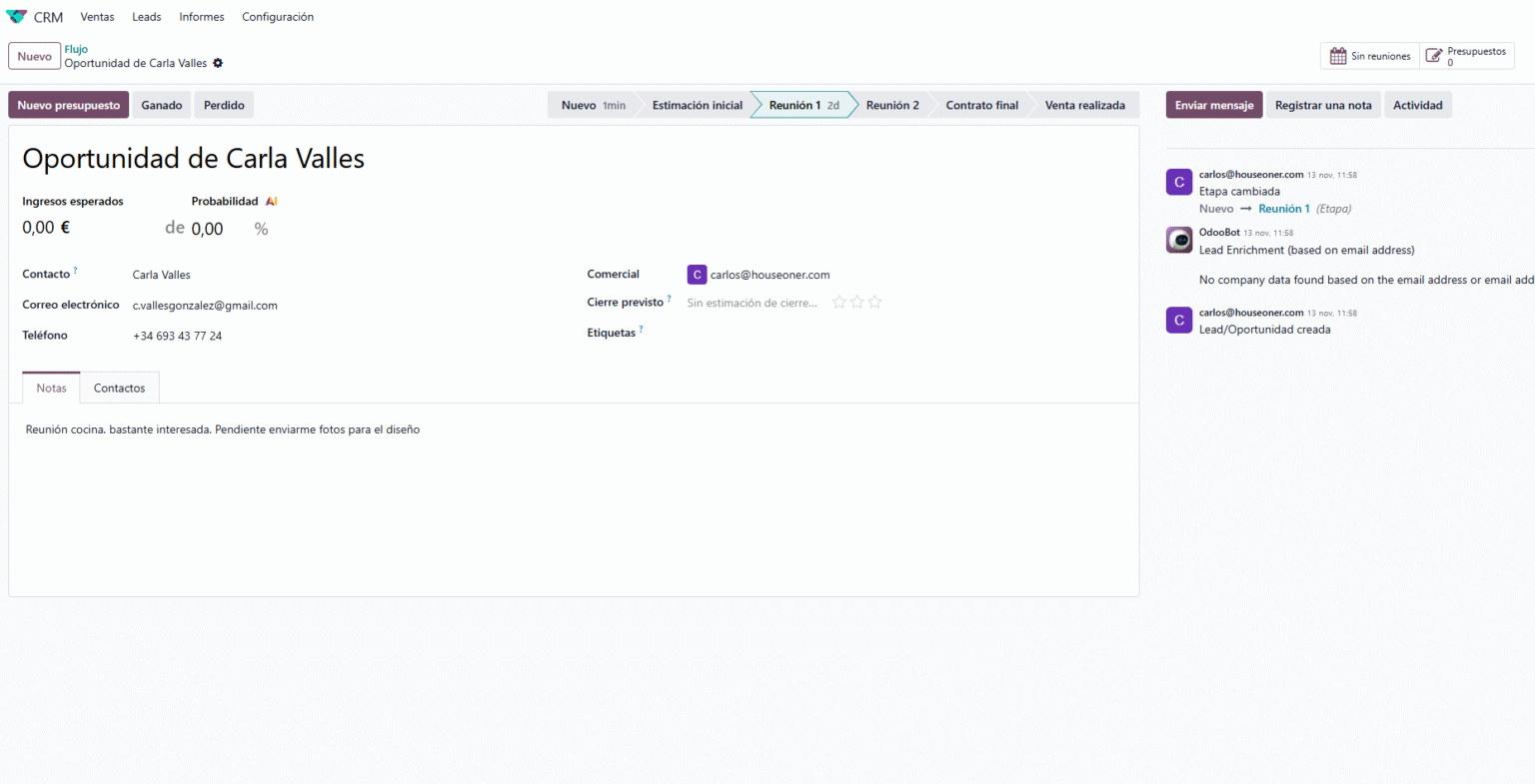 Ficha de oportunidad del CRM con datos, etapas e historial de actividad