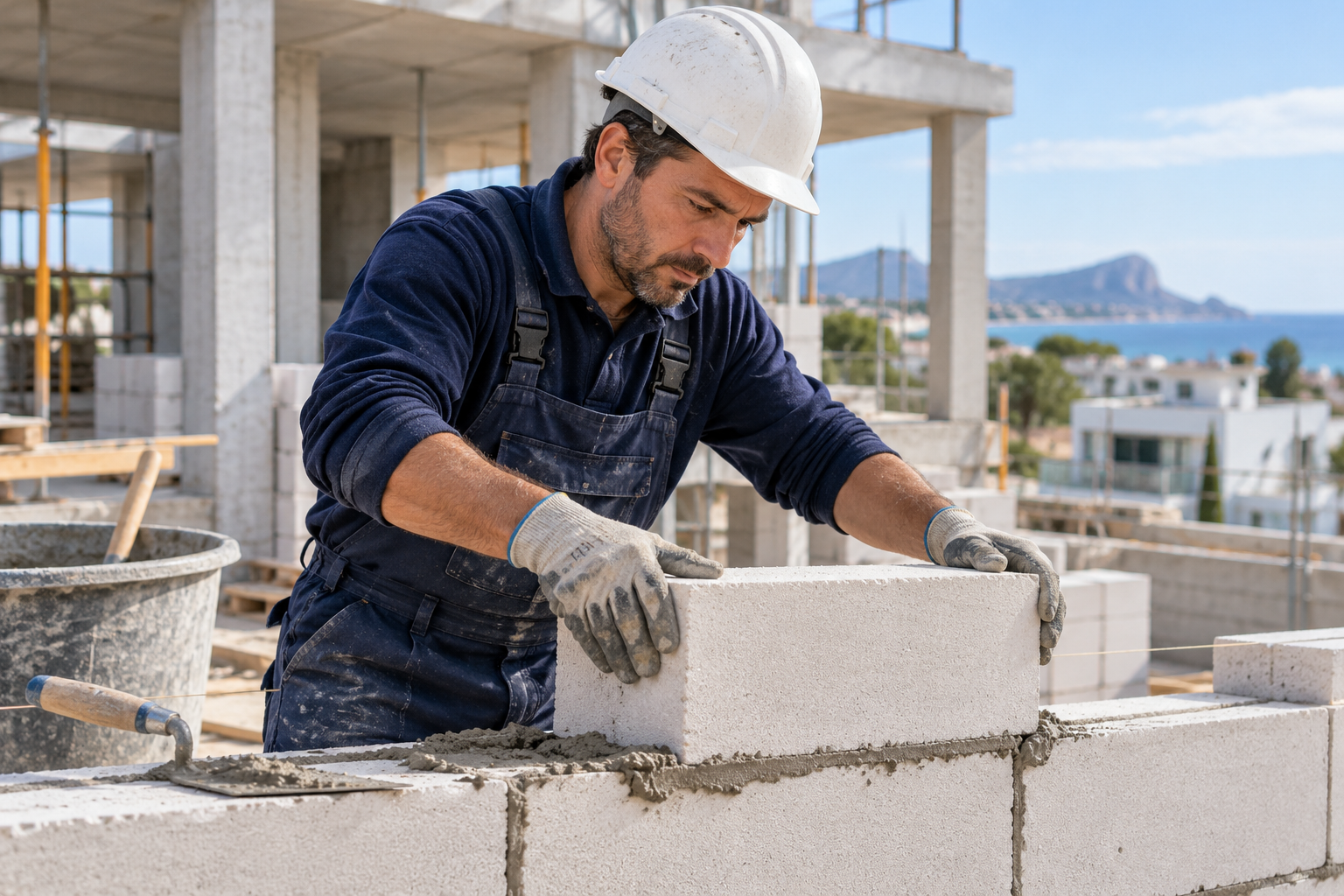 Profesional de construcción colocando un bloque en una obra